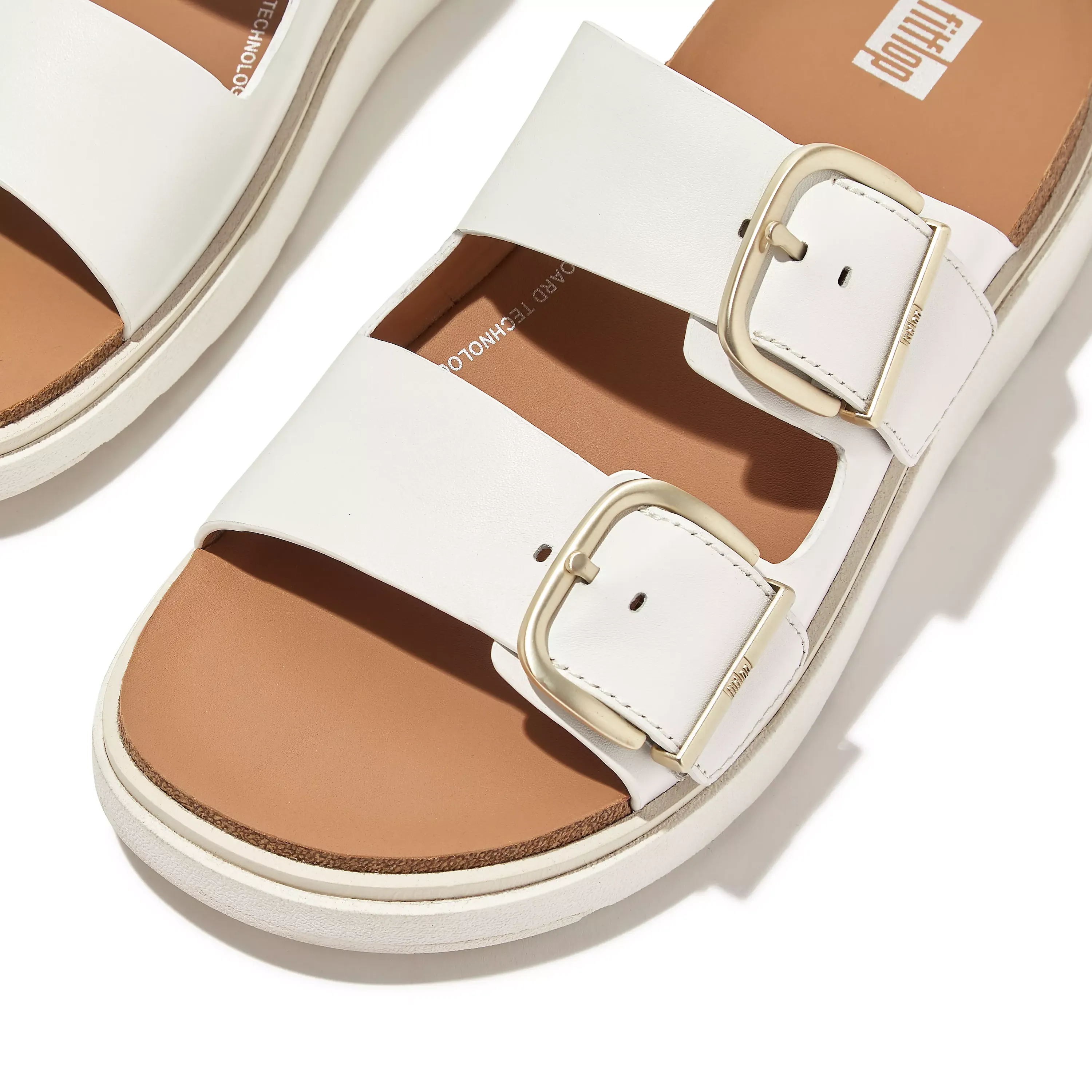 Gen-FF Buckle Two-Bar Leather Slides in White