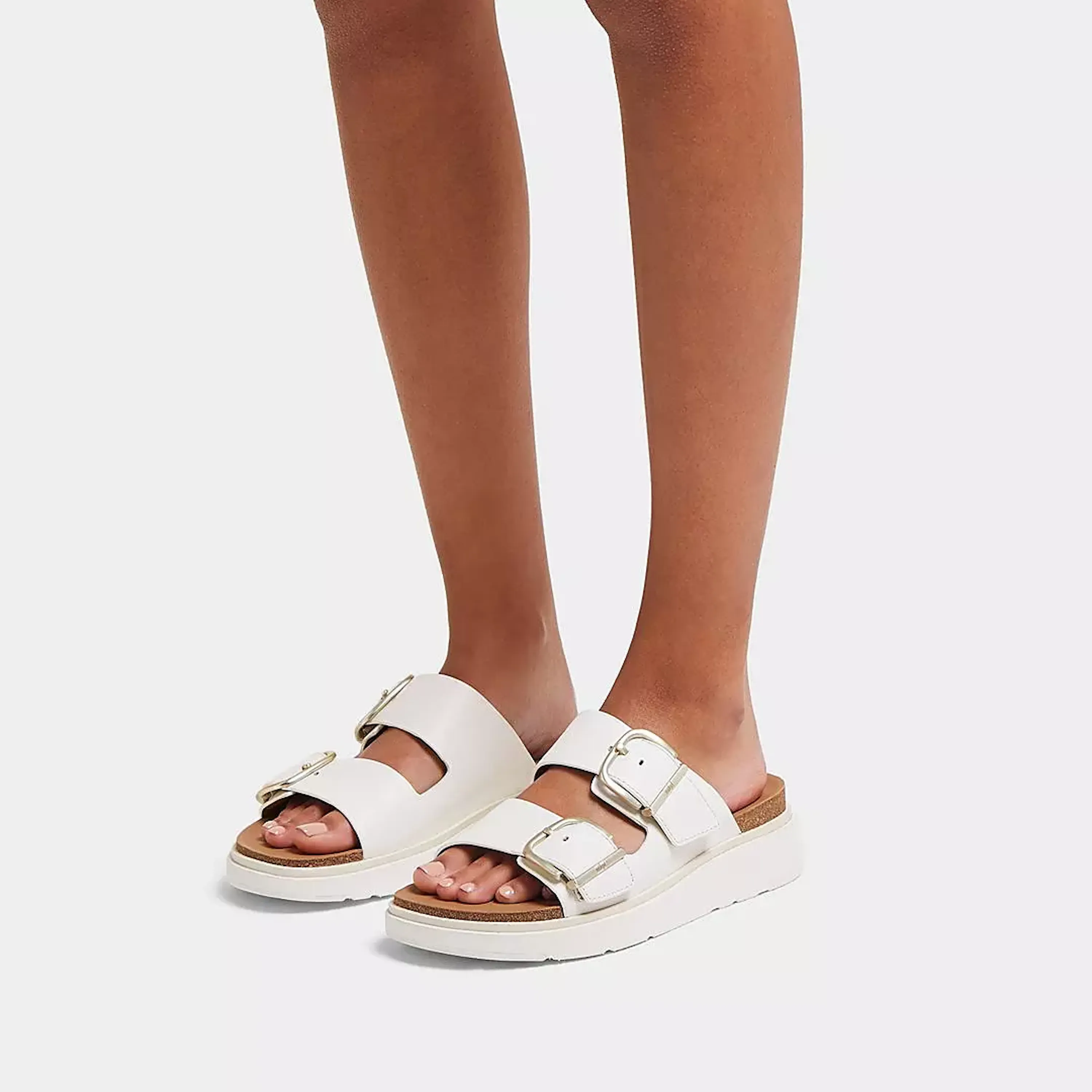 Gen-FF Buckle Two-Bar Leather Slides in White