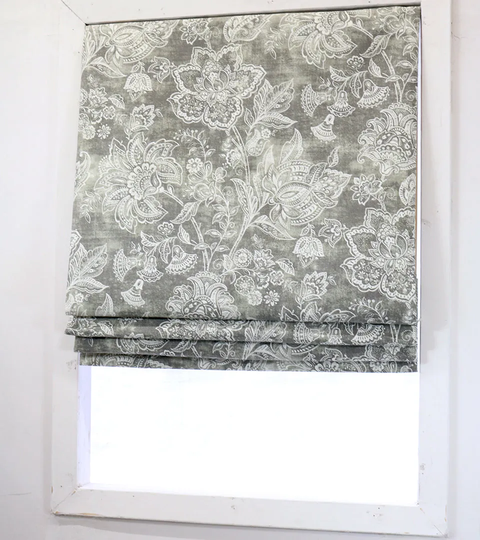 Gray white Vintage Floral Line Flat Roman Shade