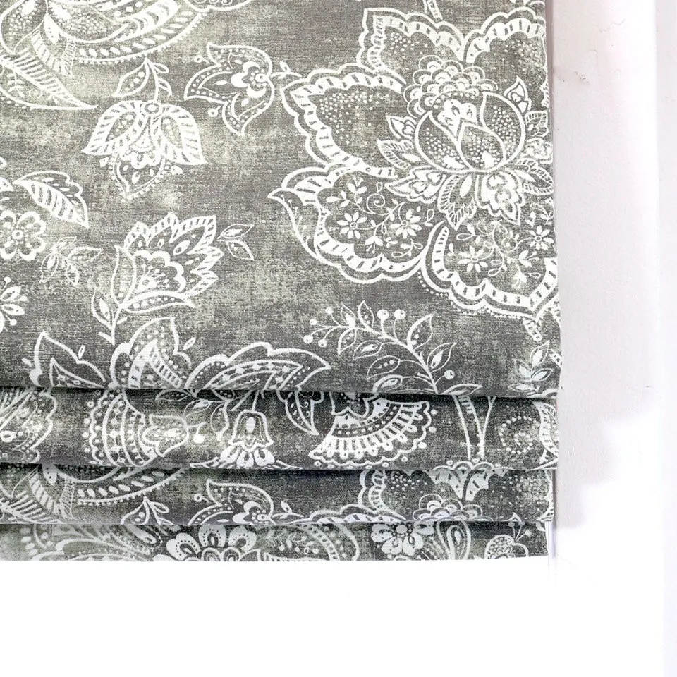 Gray white Vintage Floral Line Flat Roman Shade