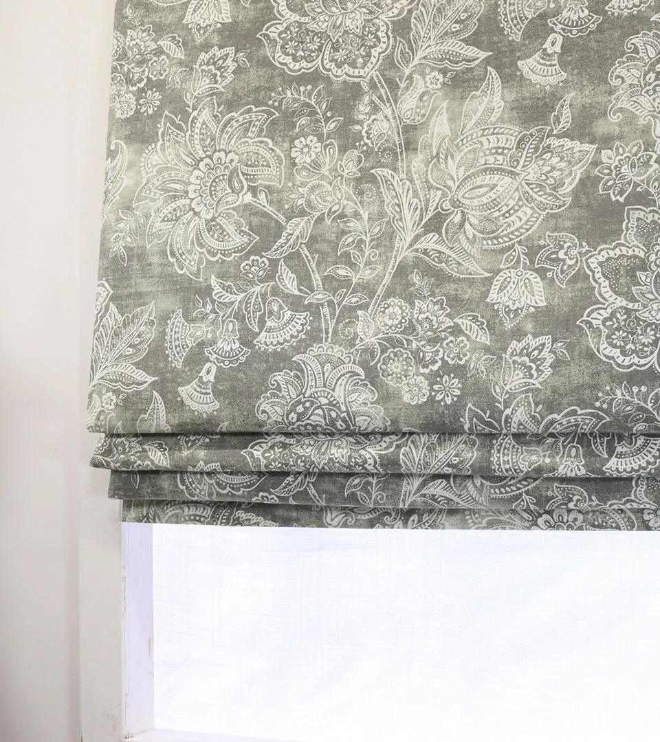 Gray white Vintage Floral Line Flat Roman Shade