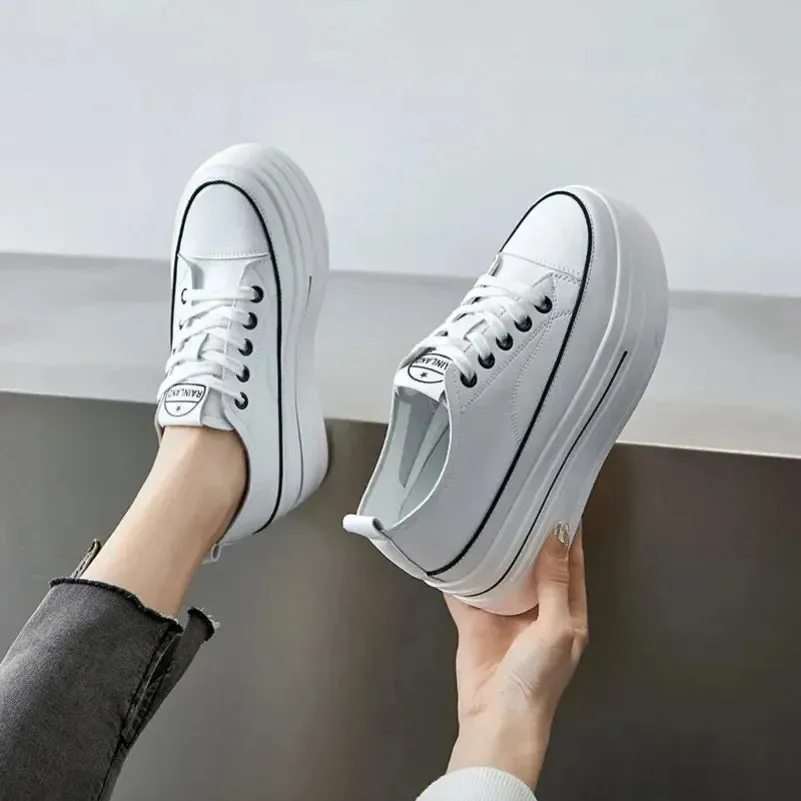 Koznoy 8cm Genuine Leather Summer High Brand Comfy Spring Autumn Platform Wedge Vulcanize Women Chunky Sneaker Loafer Shoes