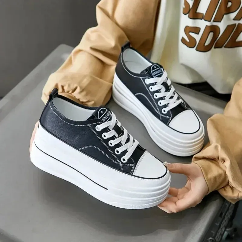 Koznoy 8cm Genuine Leather Summer High Brand Comfy Spring Autumn Platform Wedge Vulcanize Women Chunky Sneaker Loafer Shoes