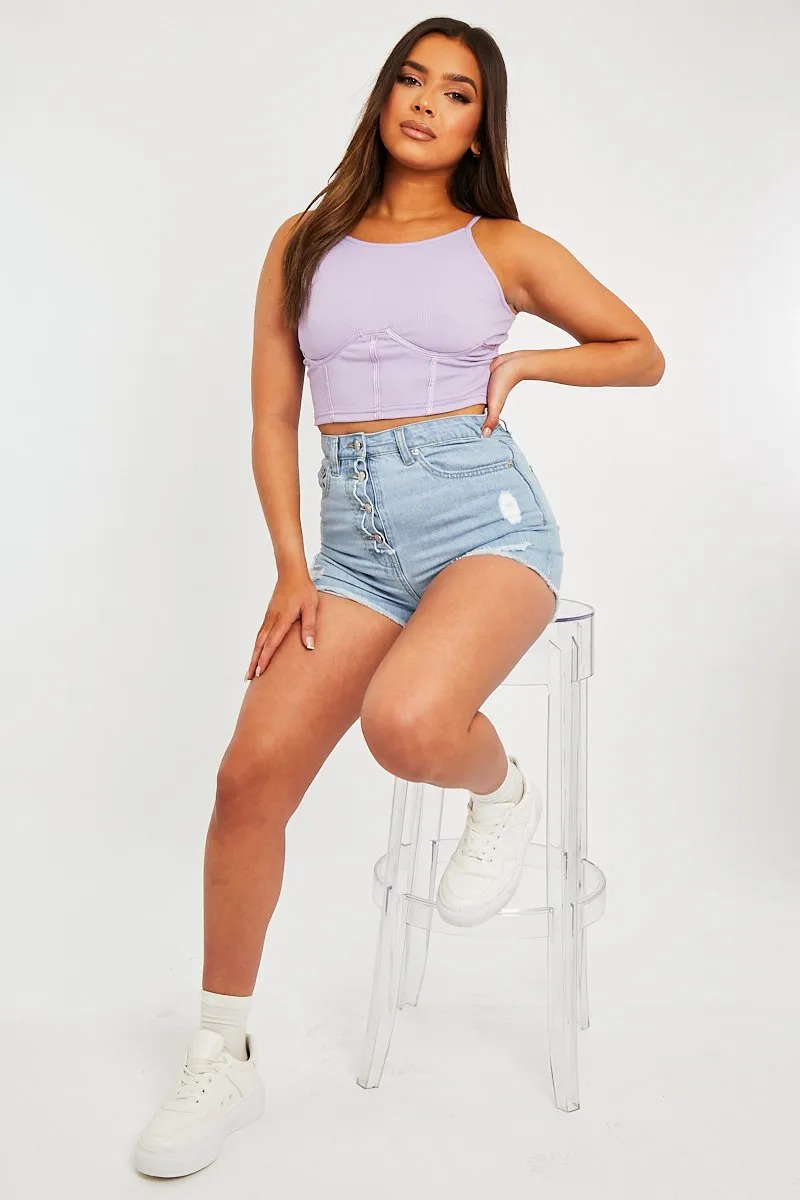 Light Blue Distressed Button Fly Denim Shorts - Georgia