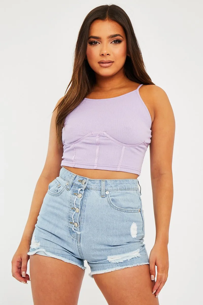 Light Blue Distressed Button Fly Denim Shorts - Georgia