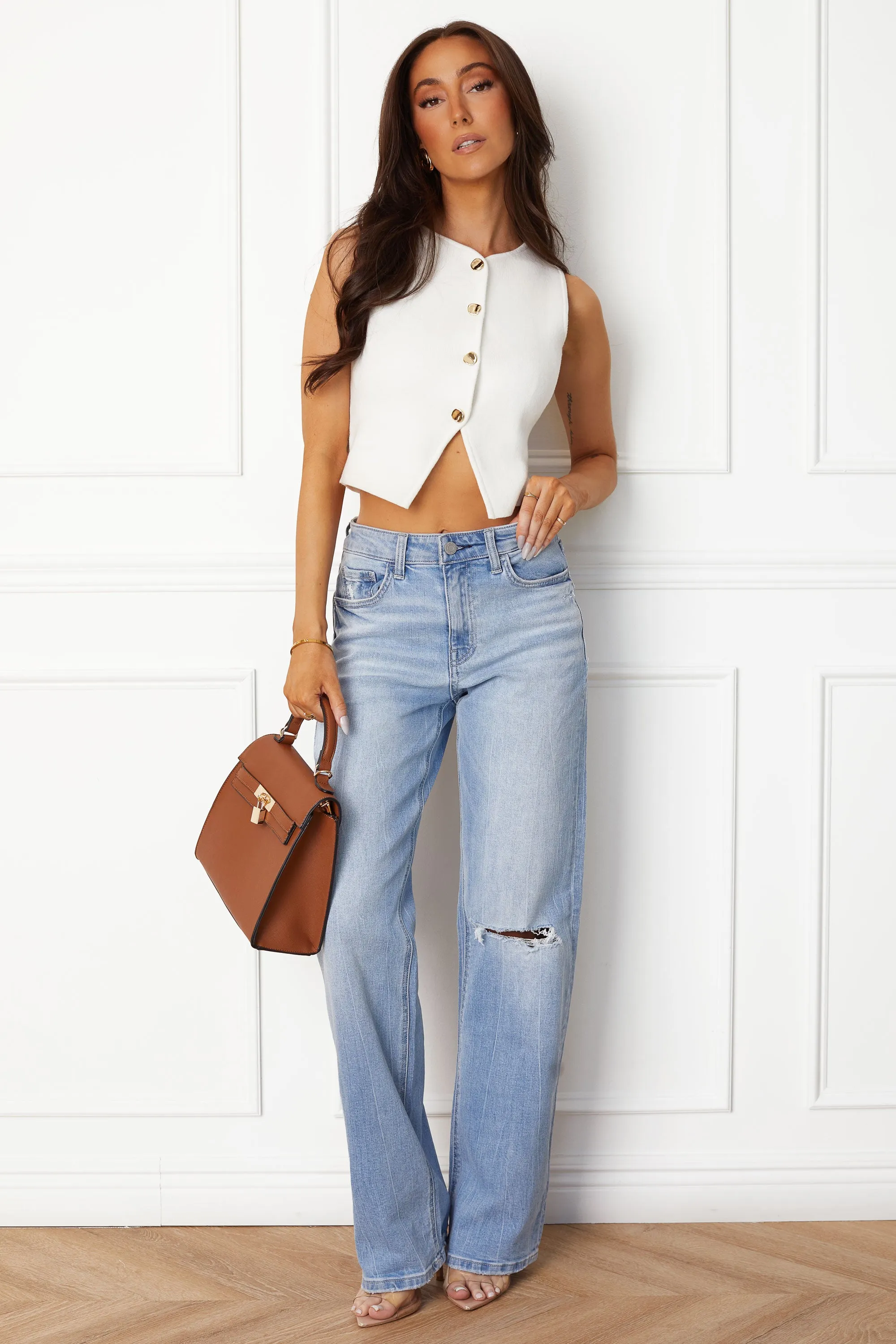 Marcia White Gold Button Vest Top