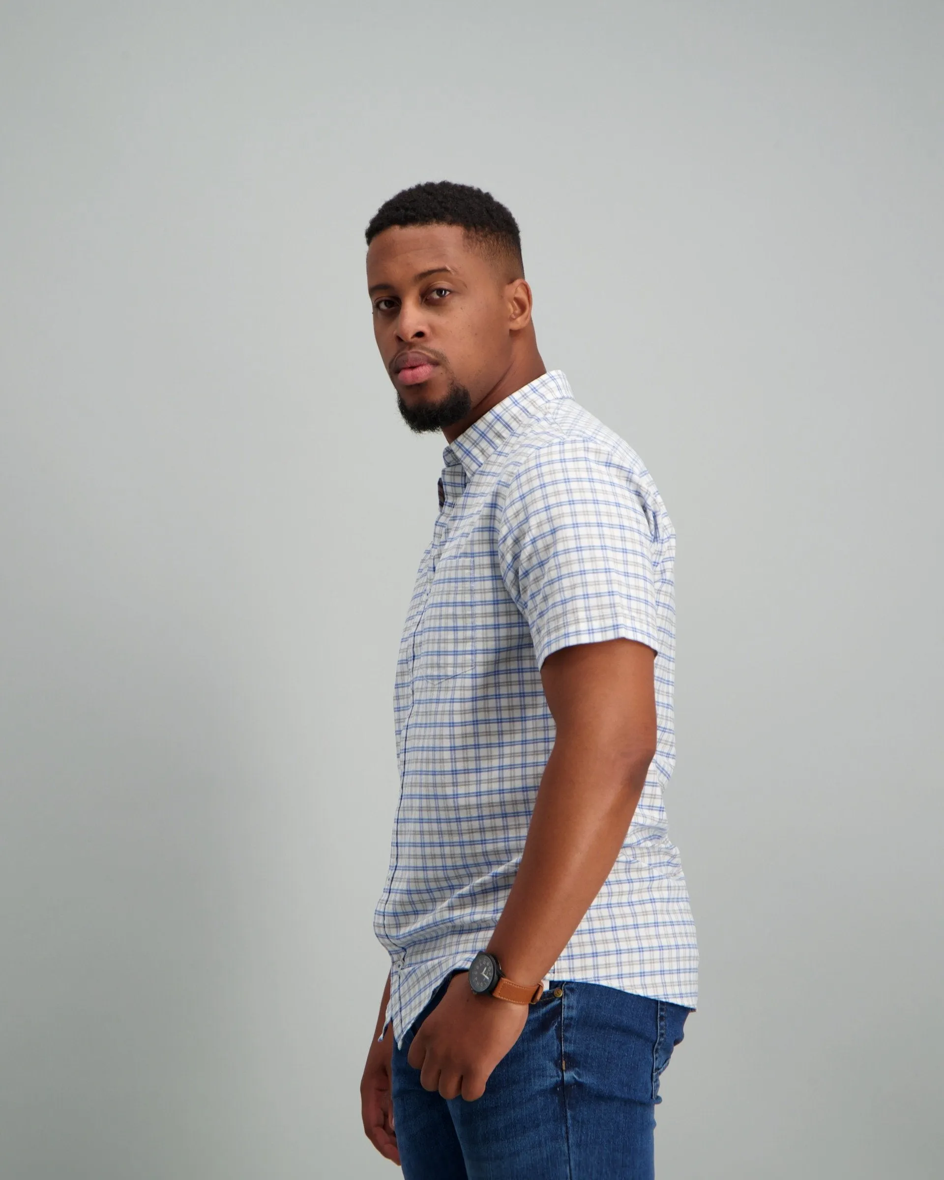 Men's Short Sleeve Grid Check Button Down Shirt Light Blue