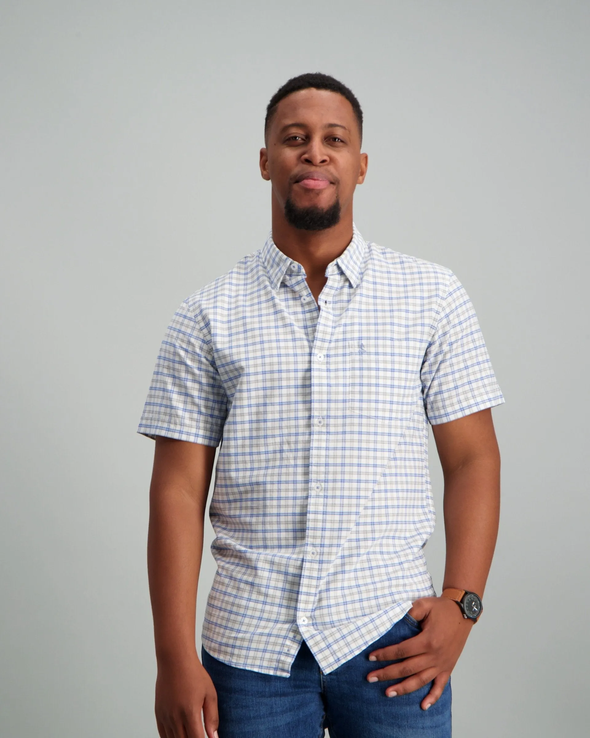 Men's Short Sleeve Grid Check Button Down Shirt Light Blue