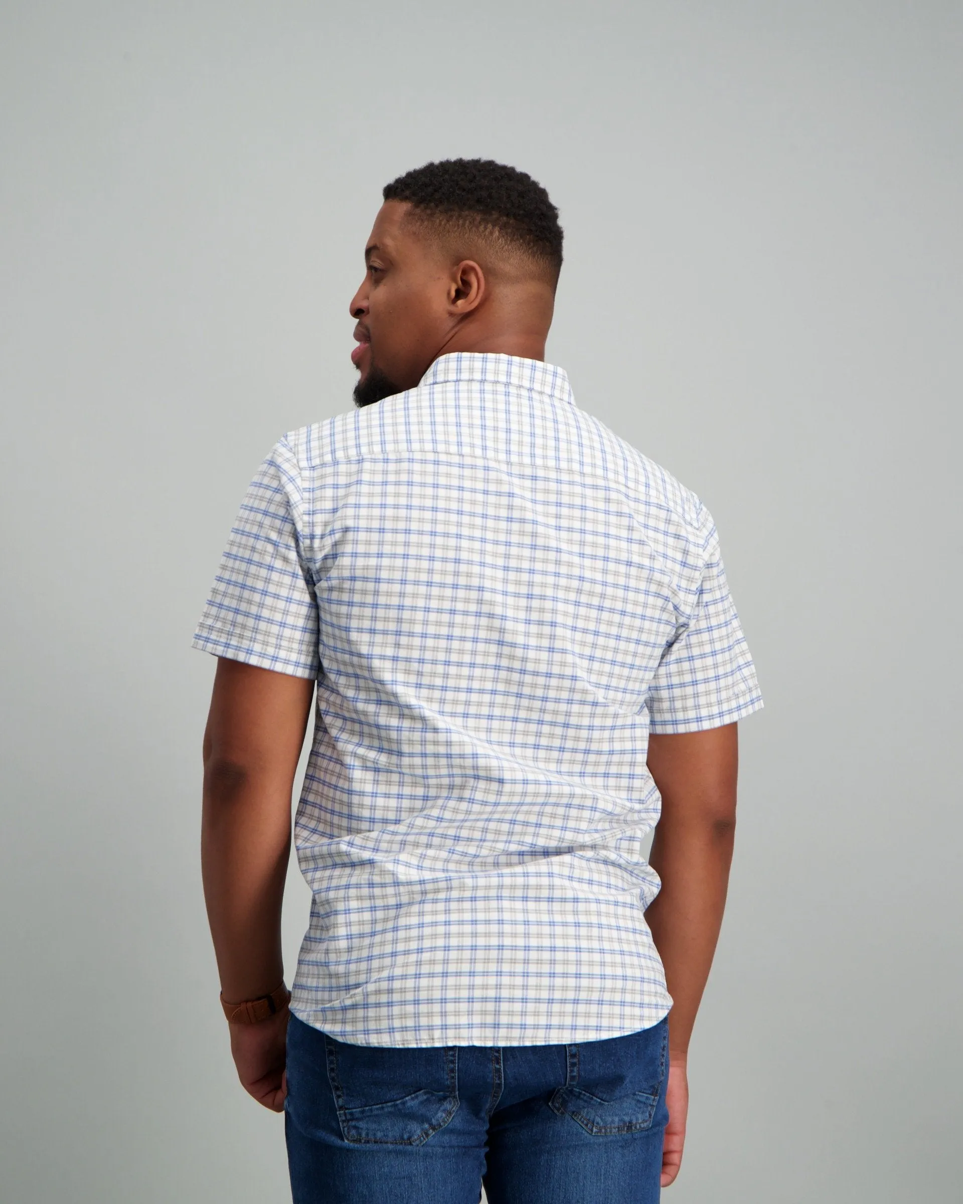 Men's Short Sleeve Grid Check Button Down Shirt Light Blue