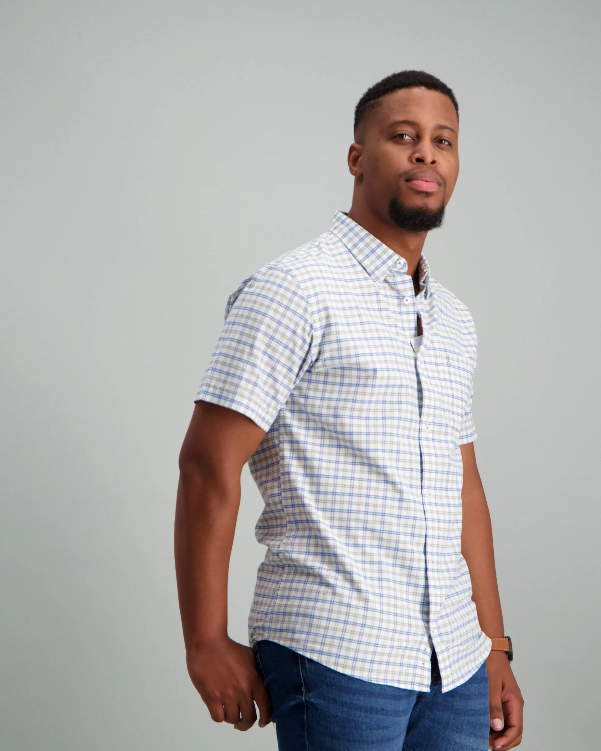 Men's Short Sleeve Grid Check Button Down Shirt Light Blue