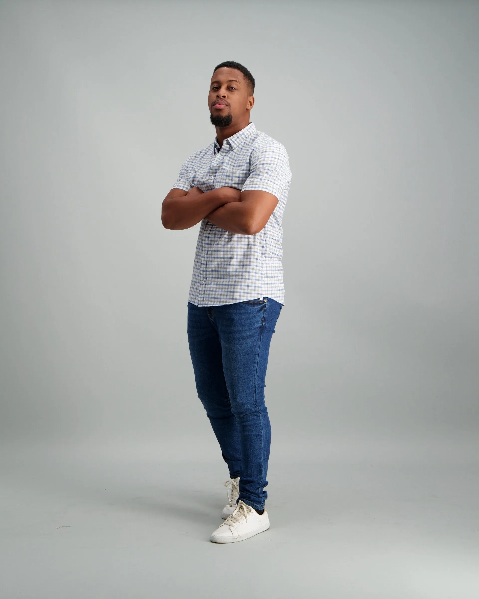 Men's Short Sleeve Grid Check Button Down Shirt Light Blue