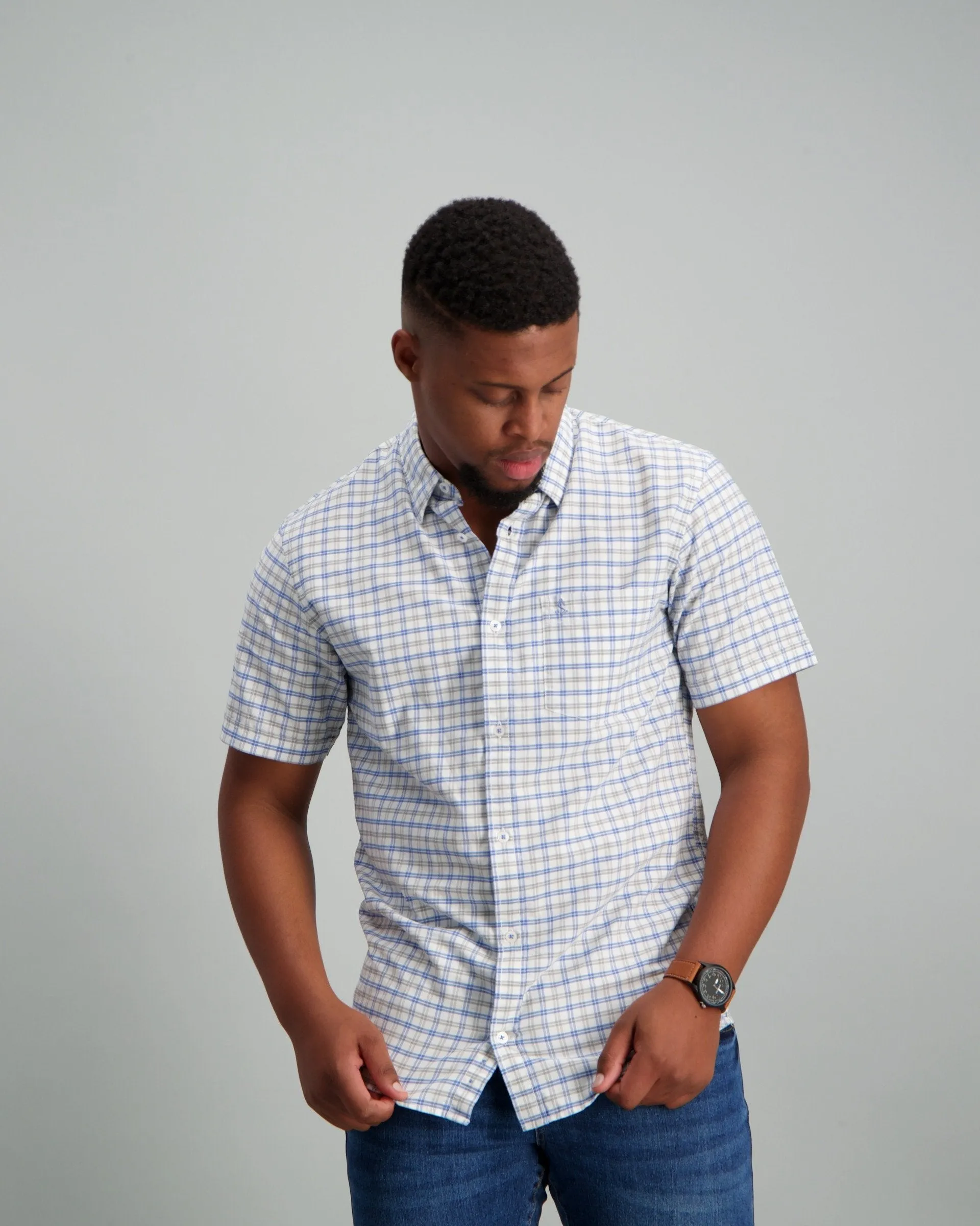 Men's Short Sleeve Grid Check Button Down Shirt Light Blue