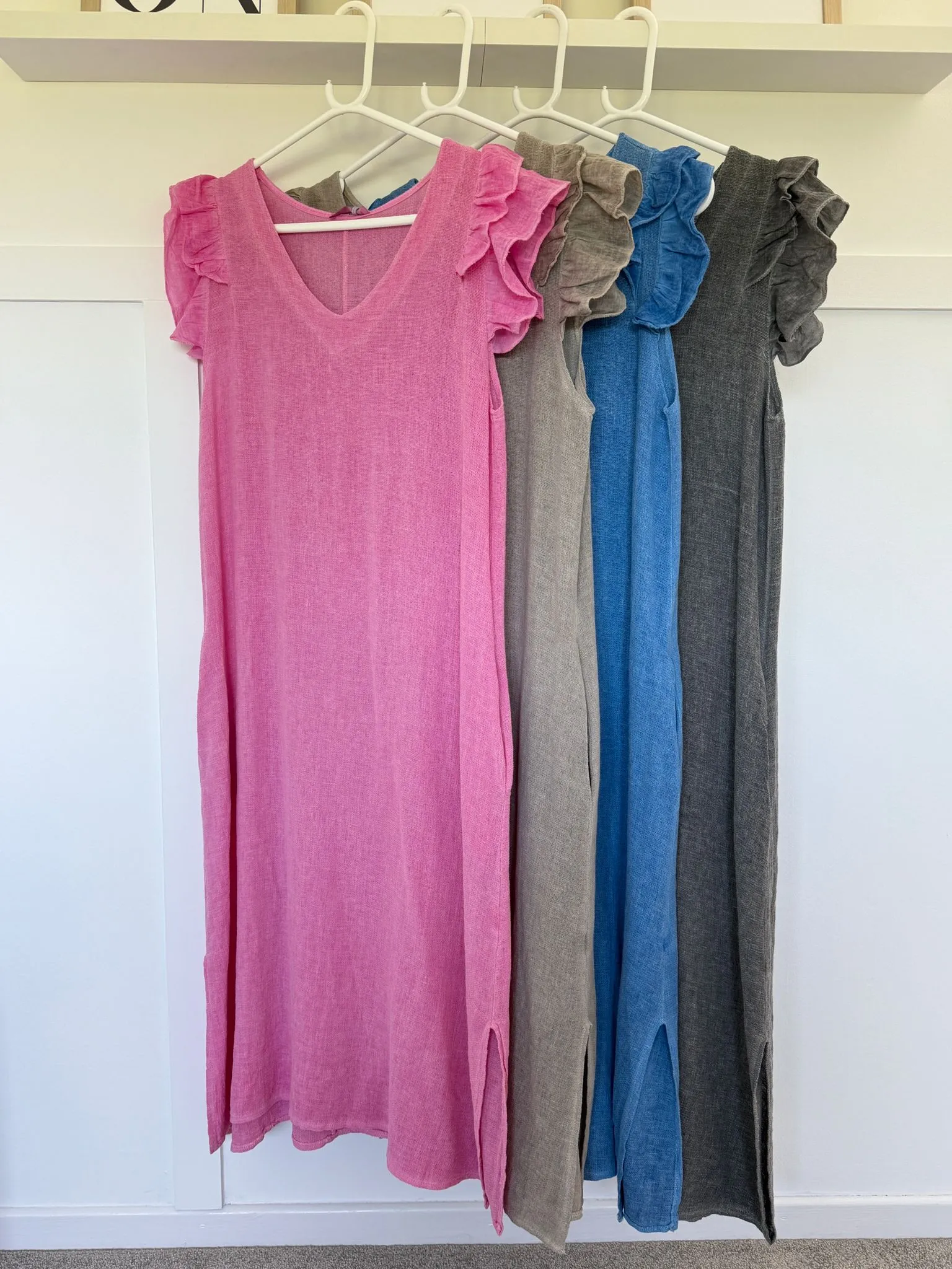 Mocha Washed Linen Frill Sleeve V-Neck Dress