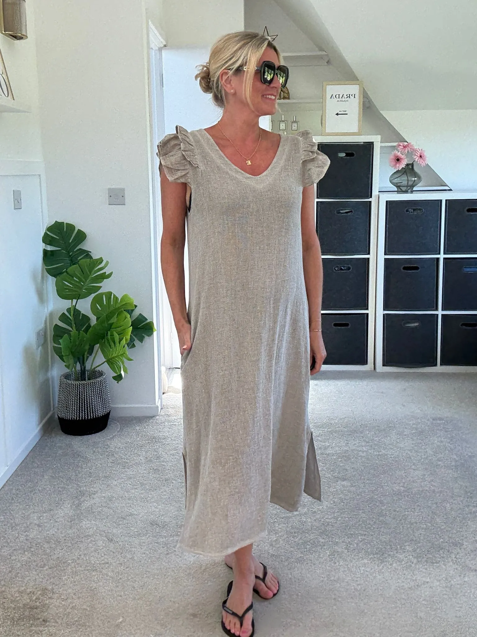 Mocha Washed Linen Frill Sleeve V-Neck Dress