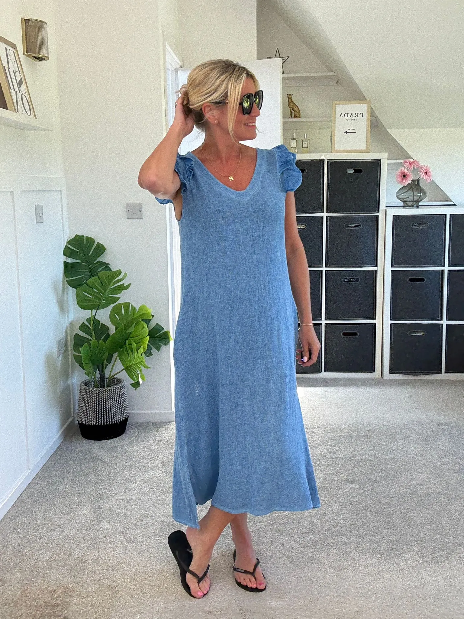 Mocha Washed Linen Frill Sleeve V-Neck Dress