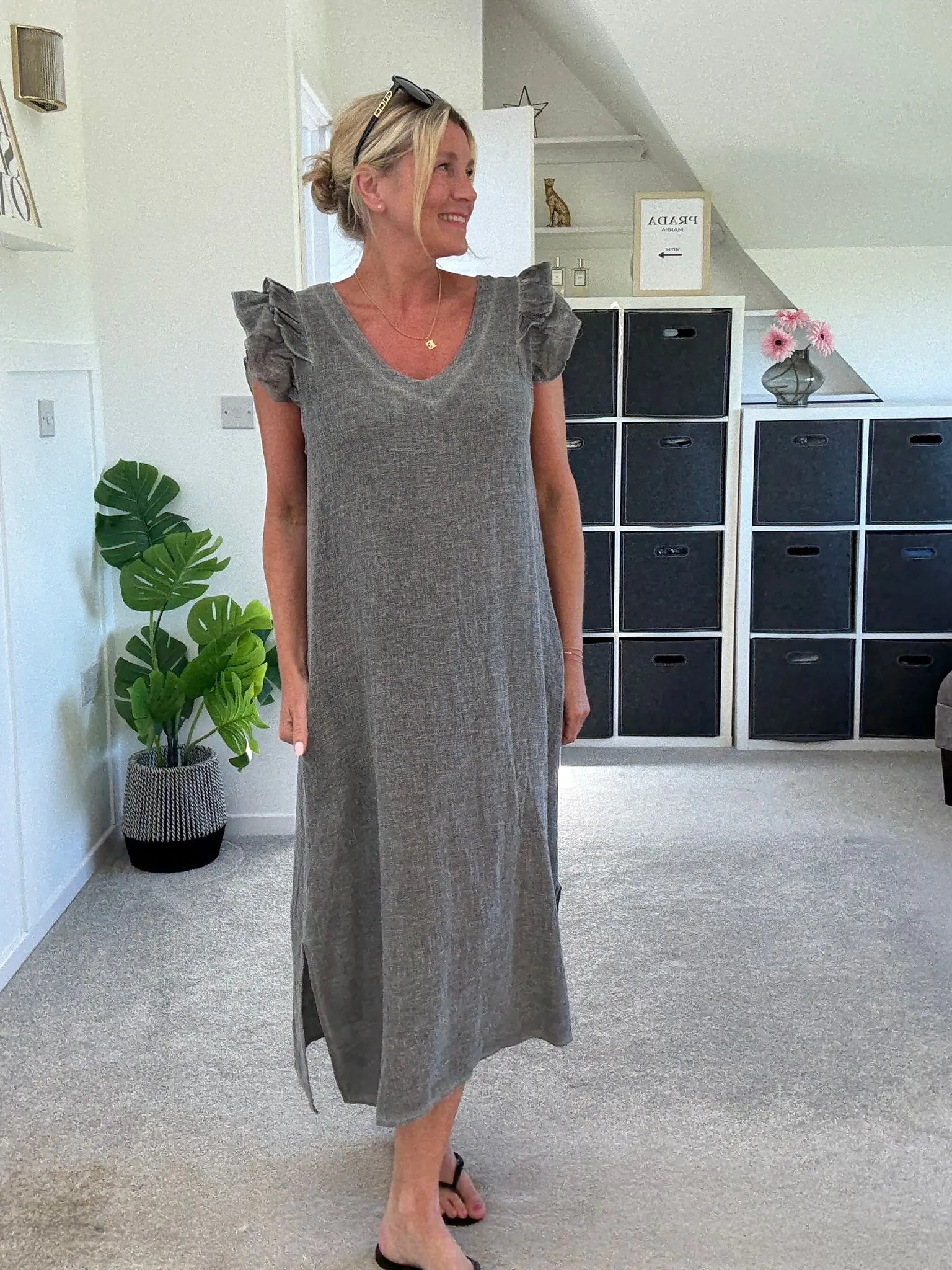 Mocha Washed Linen Frill Sleeve V-Neck Dress