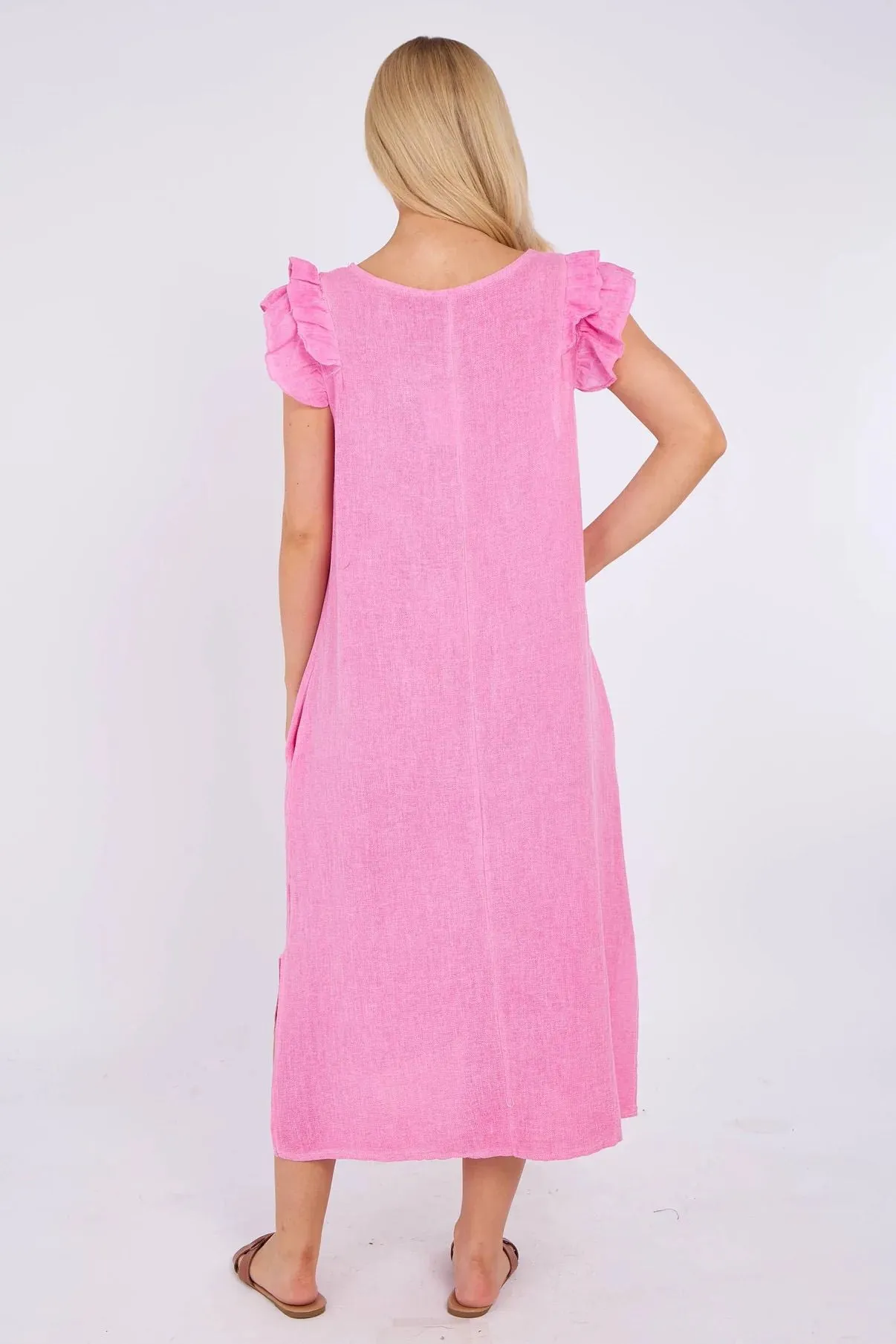 Mocha Washed Linen Frill Sleeve V-Neck Dress