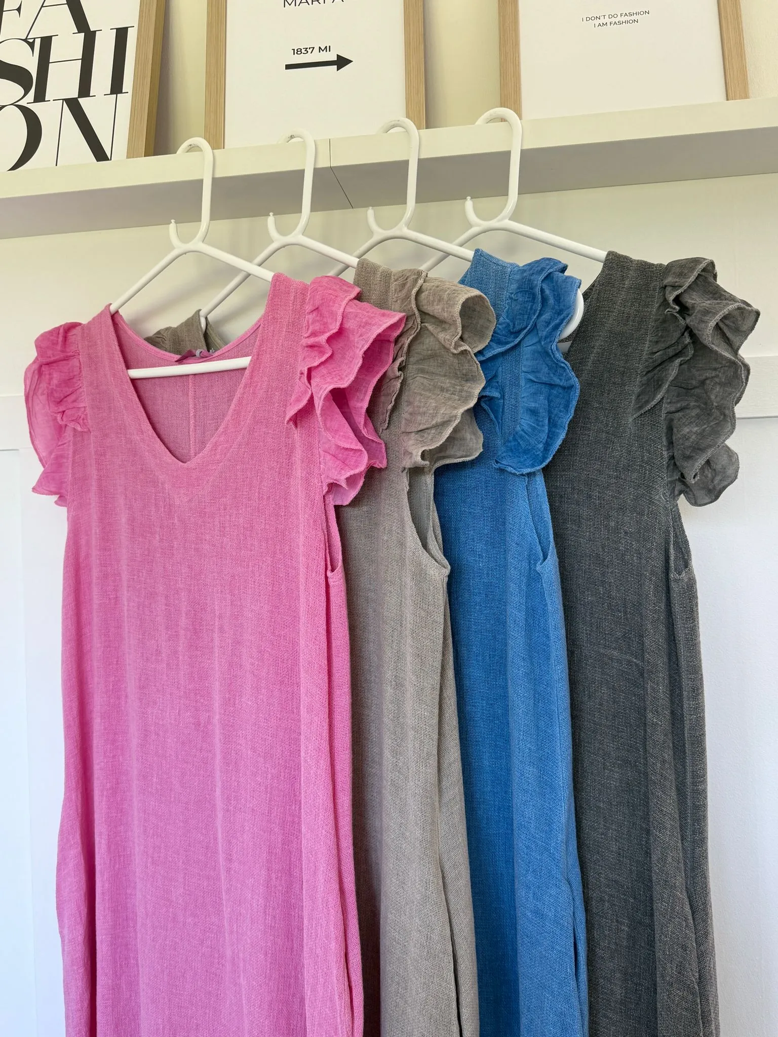 Mocha Washed Linen Frill Sleeve V-Neck Dress