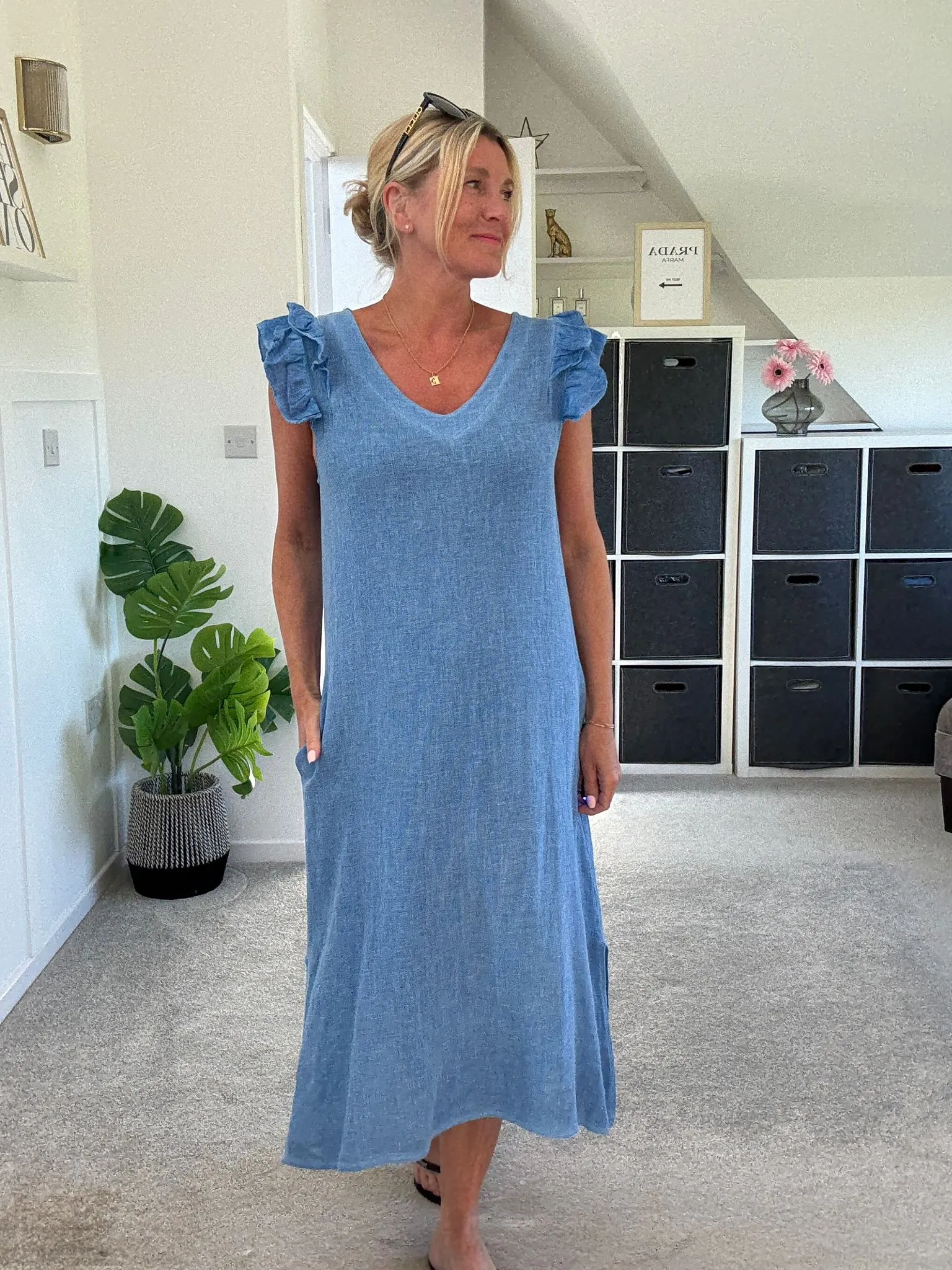Mocha Washed Linen Frill Sleeve V-Neck Dress