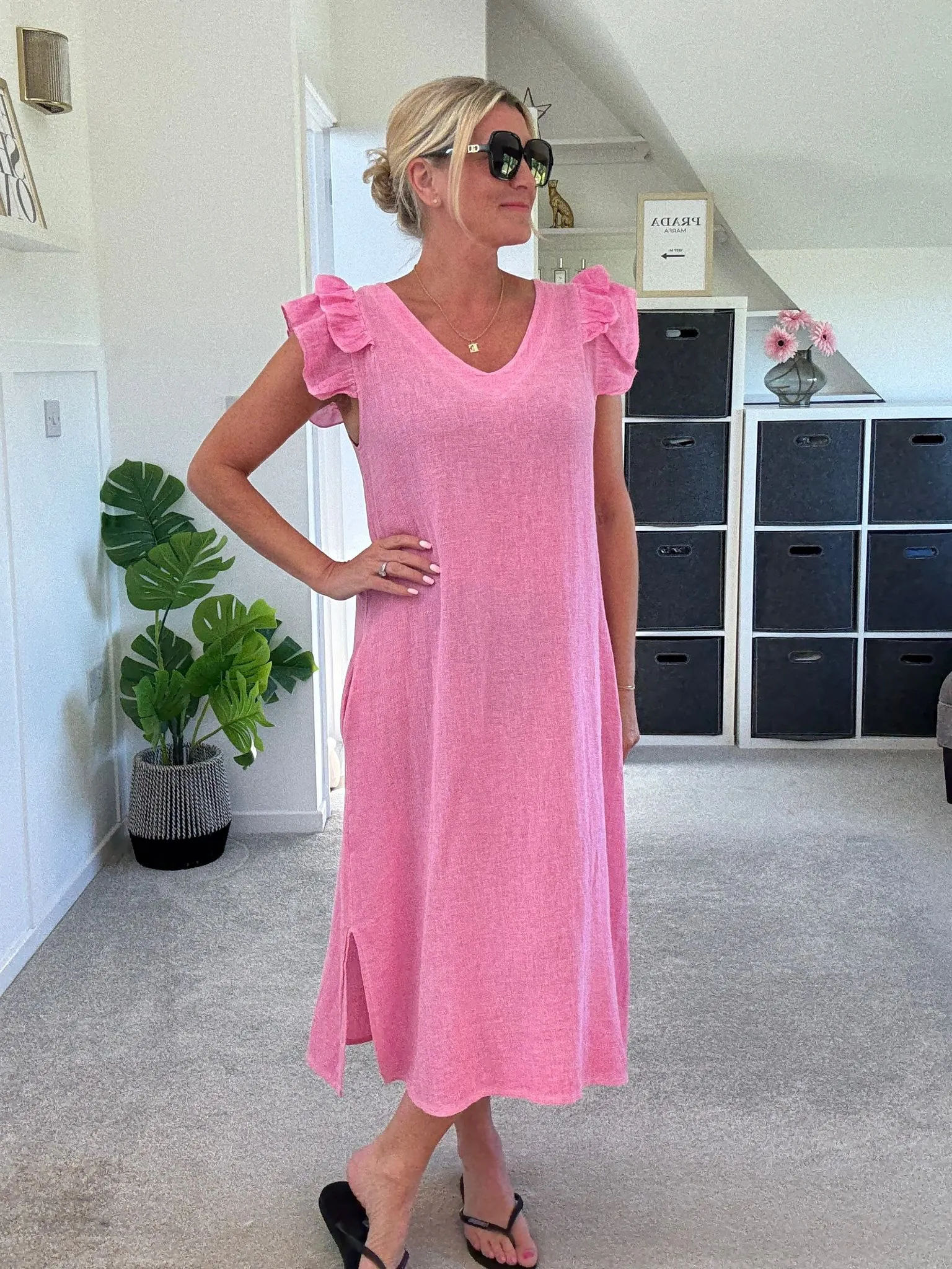 Mocha Washed Linen Frill Sleeve V-Neck Dress
