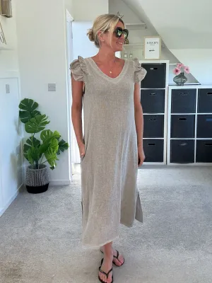 Mocha Washed Linen Frill Sleeve V-Neck Dress