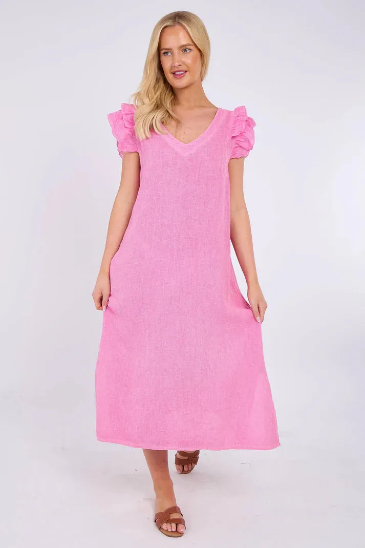 Mocha Washed Linen Frill Sleeve V-Neck Dress