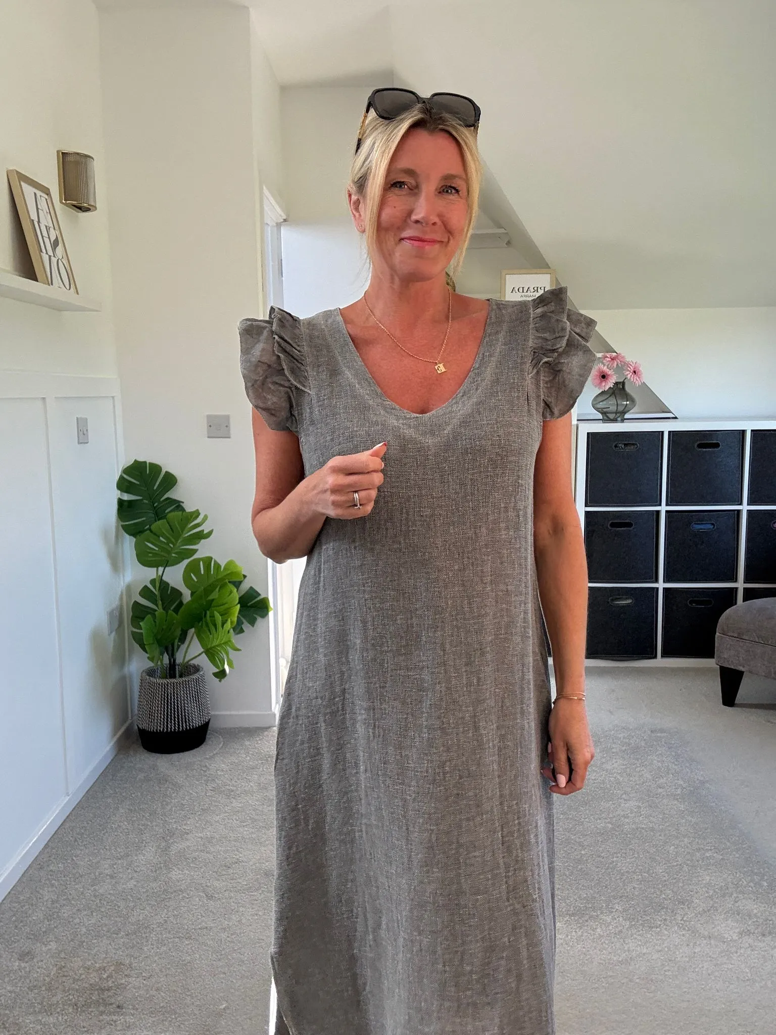 Mocha Washed Linen Frill Sleeve V-Neck Dress