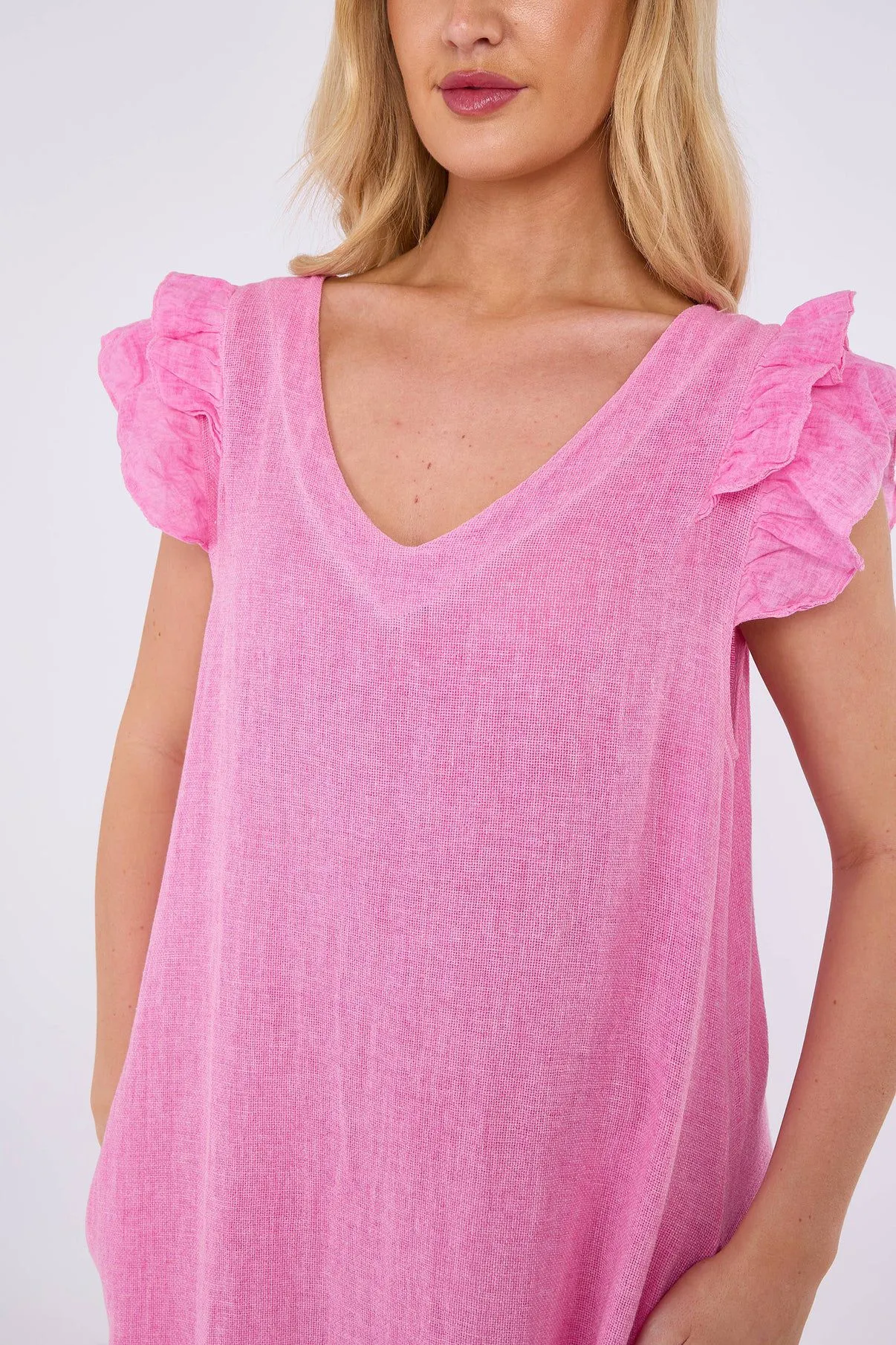 Mocha Washed Linen Frill Sleeve V-Neck Dress