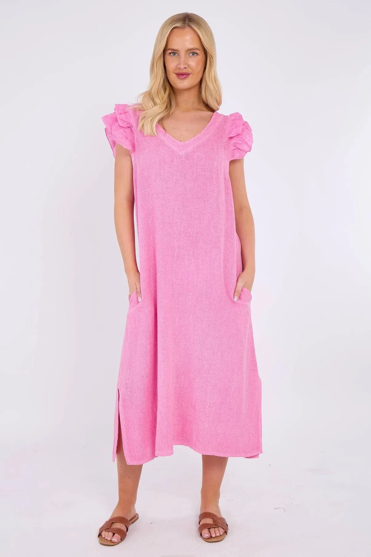 Mocha Washed Linen Frill Sleeve V-Neck Dress