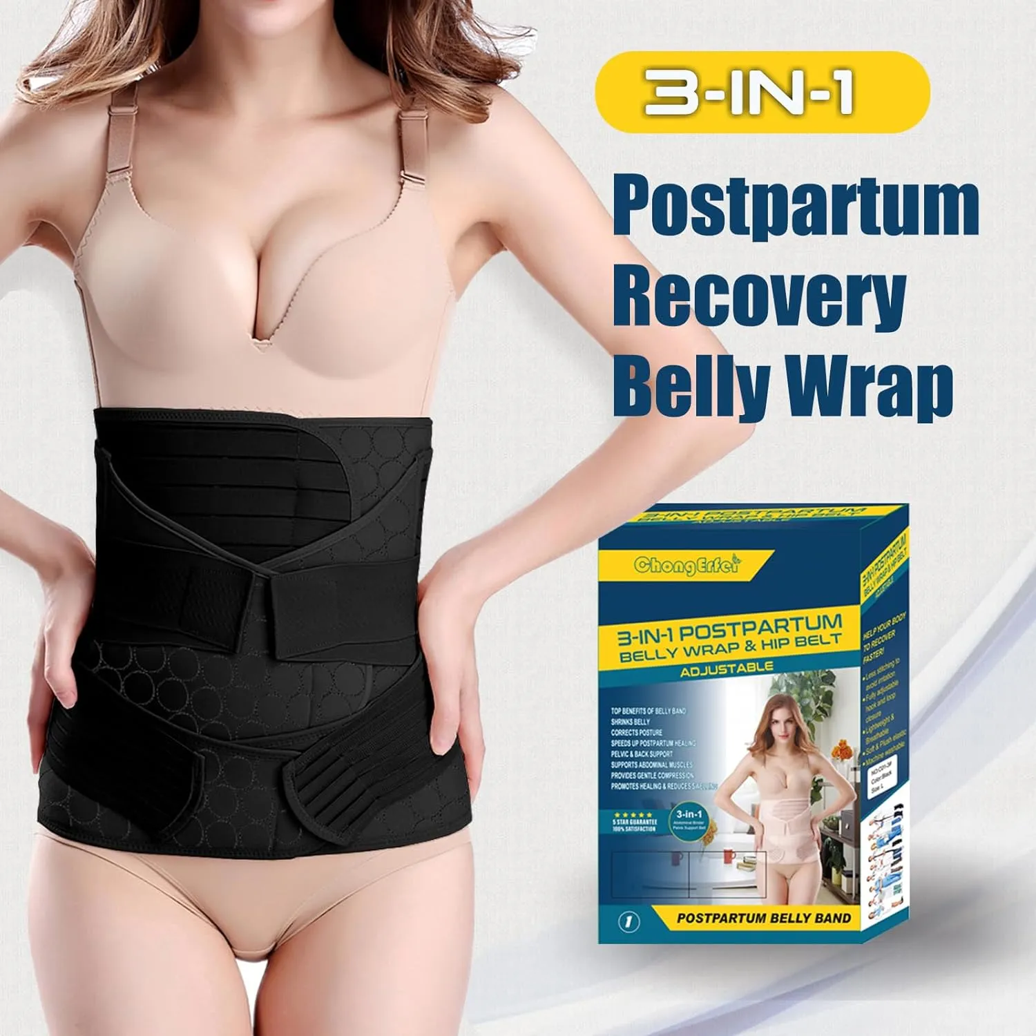 NEW ChongErfei 3 in 1 Postpartum Support - Recovery Belly/Waist/Pelvis Belt Shapewear Slimming Girdle, Black, Sz XXL