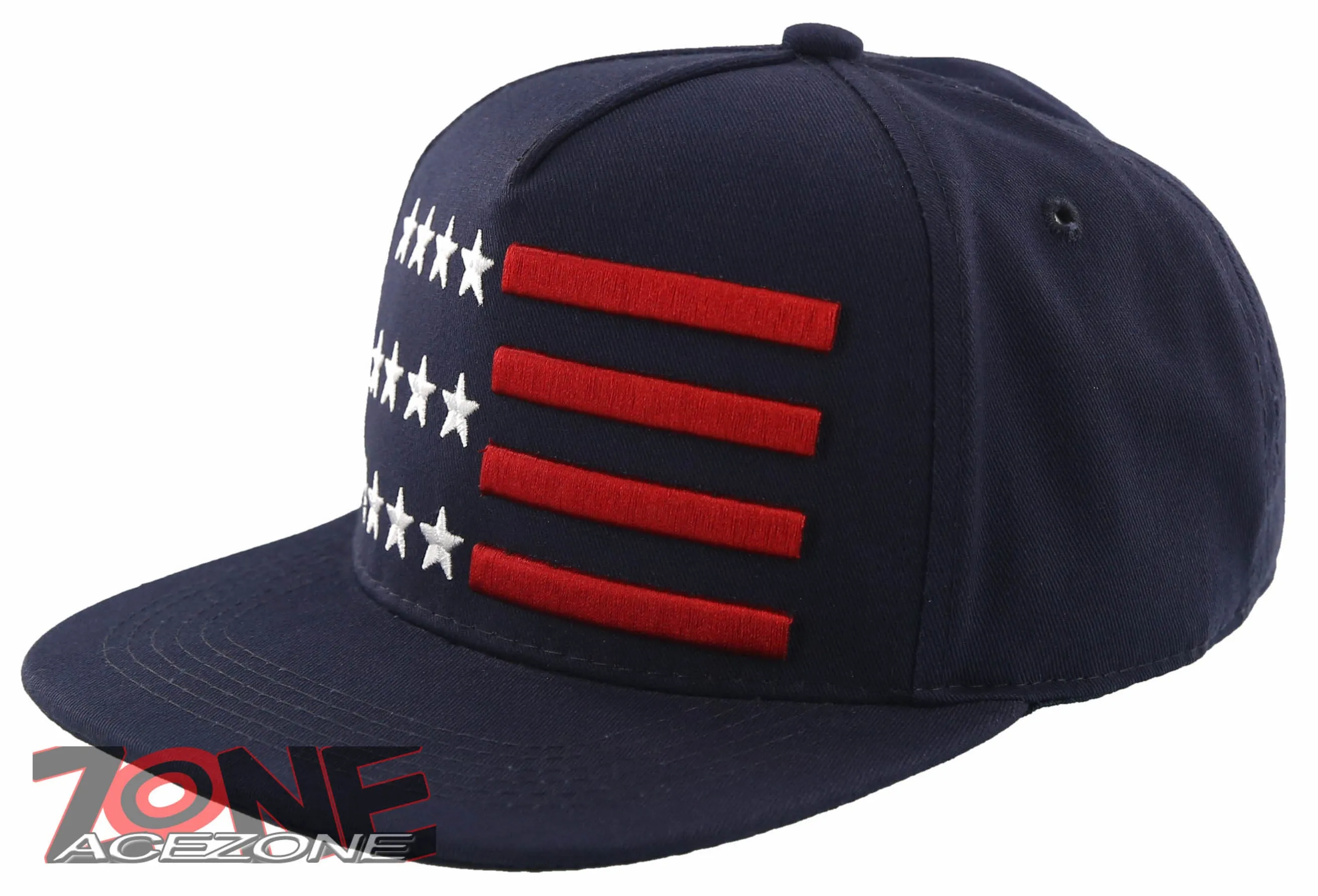 NEW! FLAT BILL USA FLAG STAR SNAPBACK BALL CAP HAT NAVY