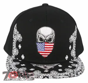 NEW! SKULL USA MASK SKELETON FLAT BILL BANDANA SNAPBACK BASEBALL CAP HAT BLACK