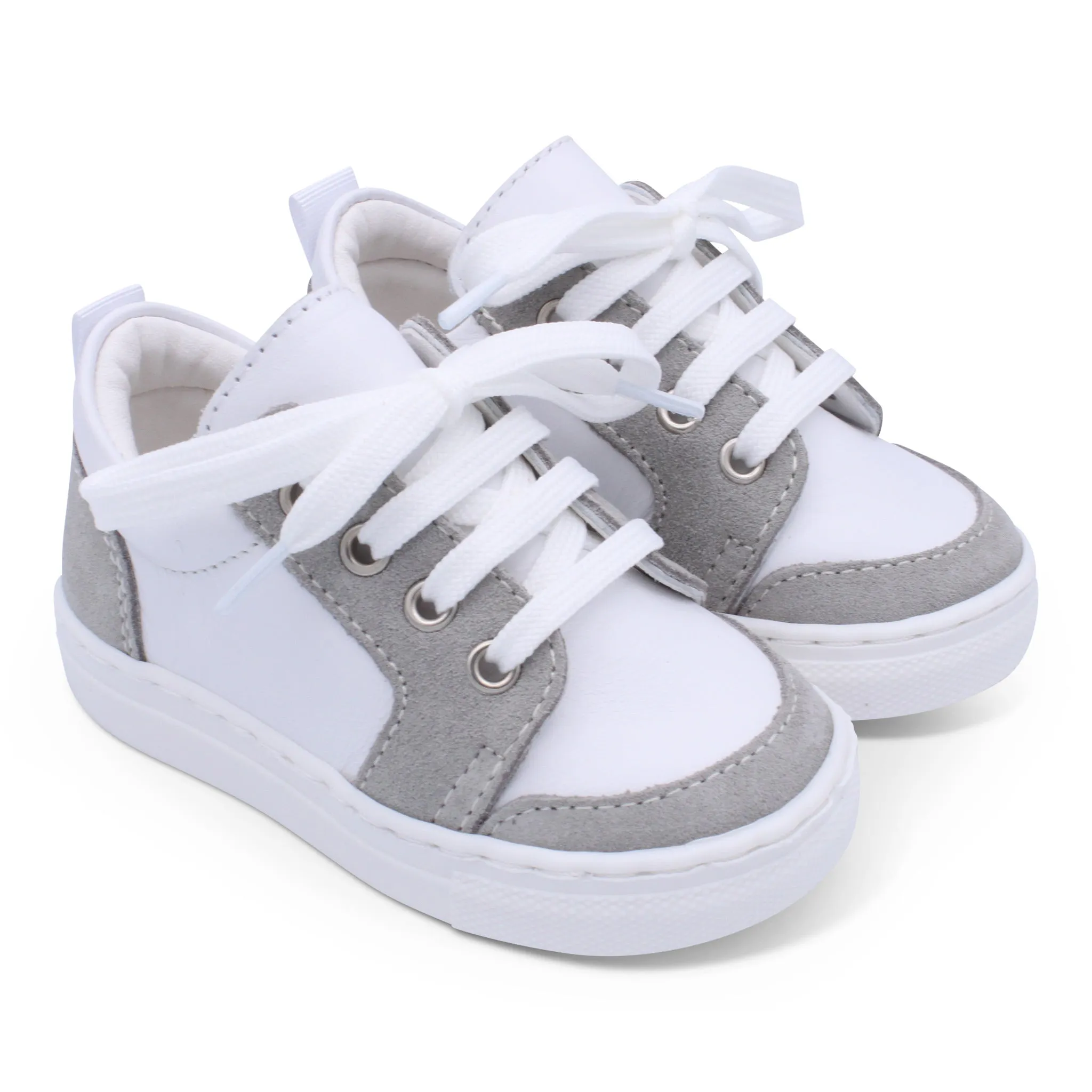 'Nico' Boys White Leather with Light Grey Suede Trainers