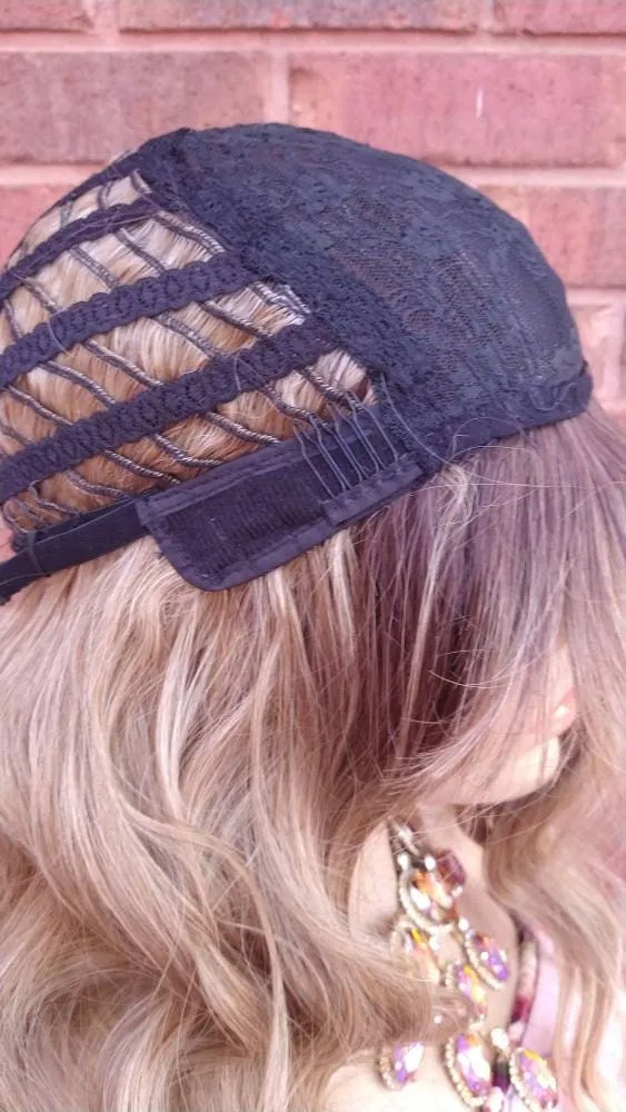 Ombre Ash Blonde Wavy Wig  Synthetic Wig With Wispy Bangs Wigs For White Women Glory Tress Wigs Alopecia Chemo Wig Heat Resistant - GLORIOUS