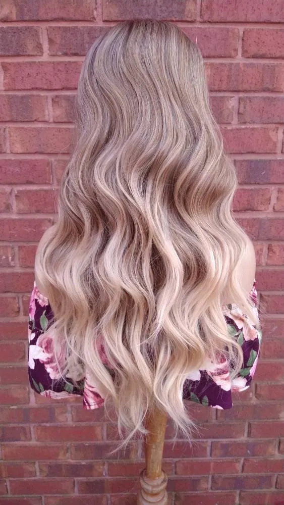 Ombre Ash Blonde Wavy Wig  Synthetic Wig With Wispy Bangs Wigs For White Women Glory Tress Wigs Alopecia Chemo Wig Heat Resistant - GLORIOUS