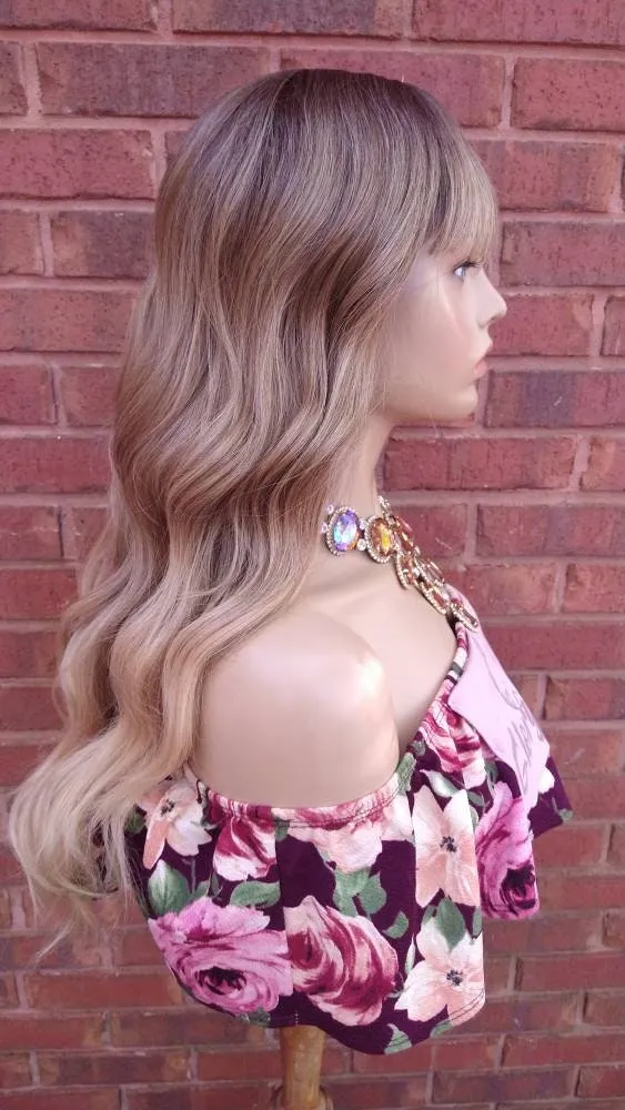 Ombre Ash Blonde Wavy Wig  Synthetic Wig With Wispy Bangs Wigs For White Women Glory Tress Wigs Alopecia Chemo Wig Heat Resistant - GLORIOUS