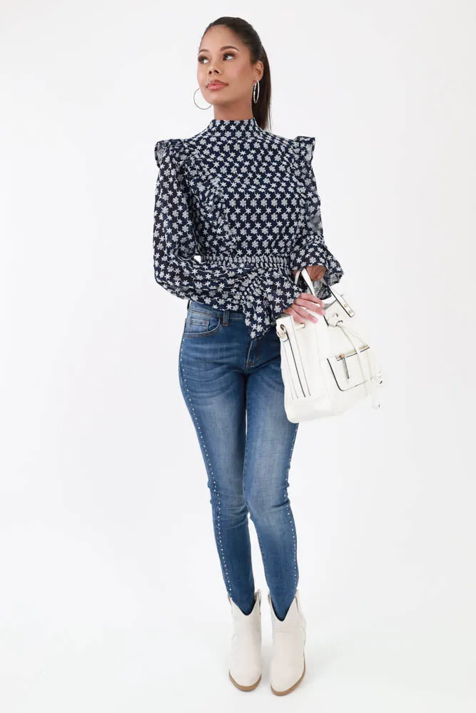Peplum Ruffle Top - Navy