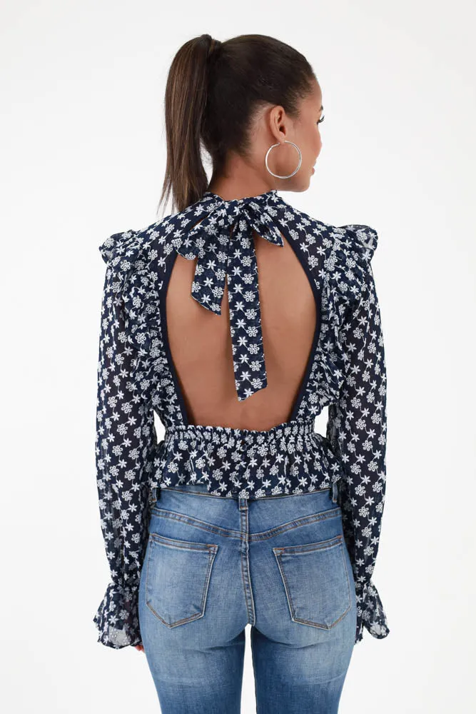 Peplum Ruffle Top - Navy