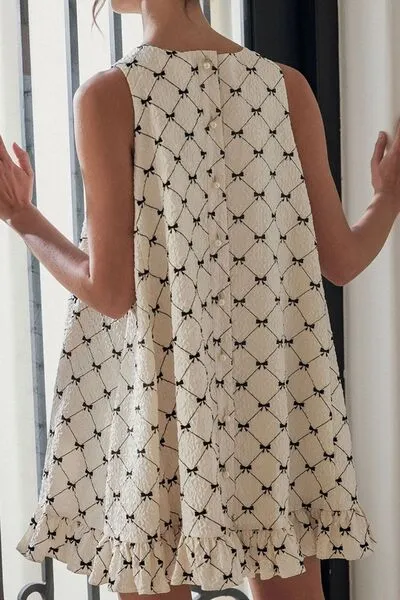 Ruffled Hem Bow Print Sleeveless Mini Dress