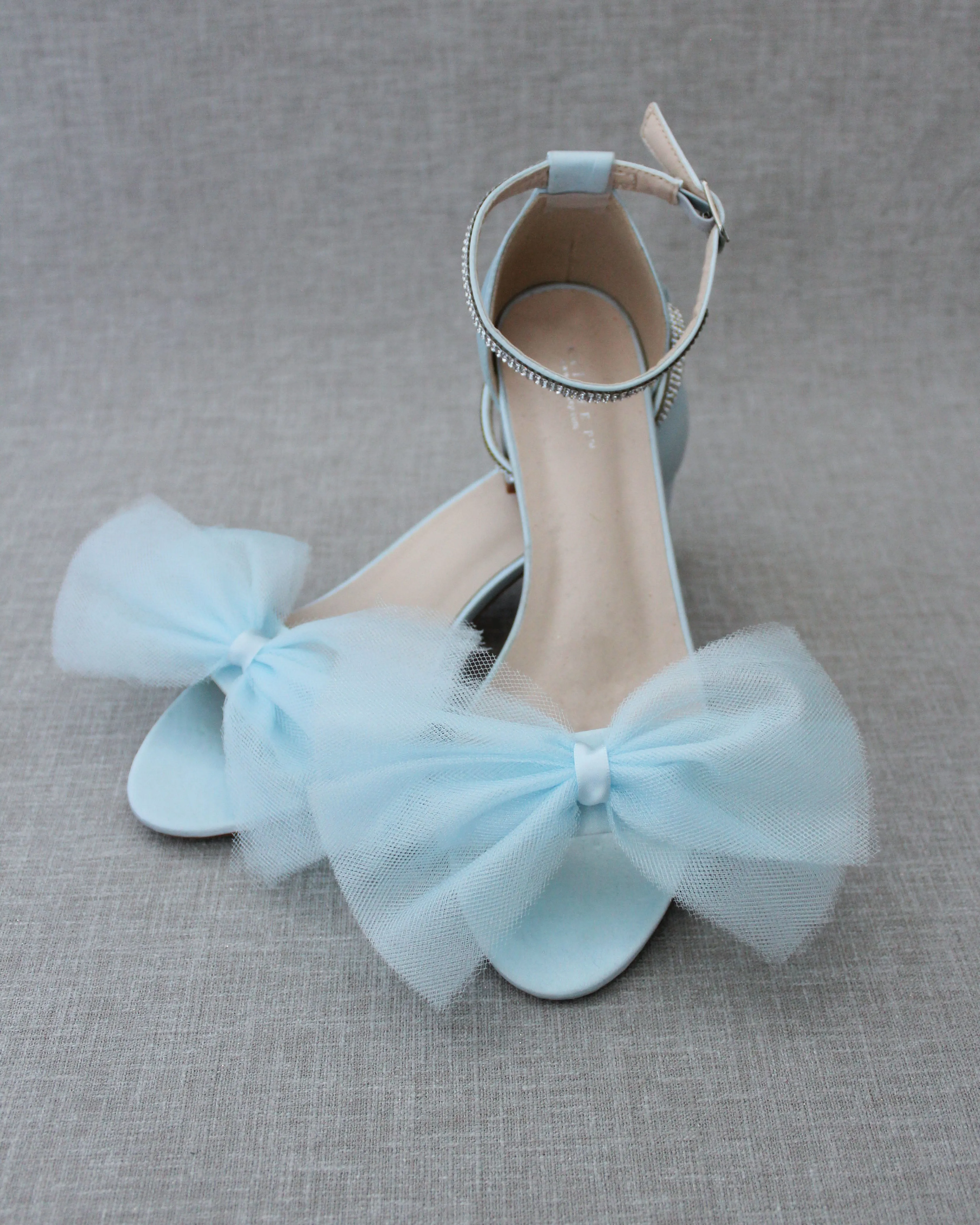 Satin Block Heel Sandal with Front Oversized Tulle Bow