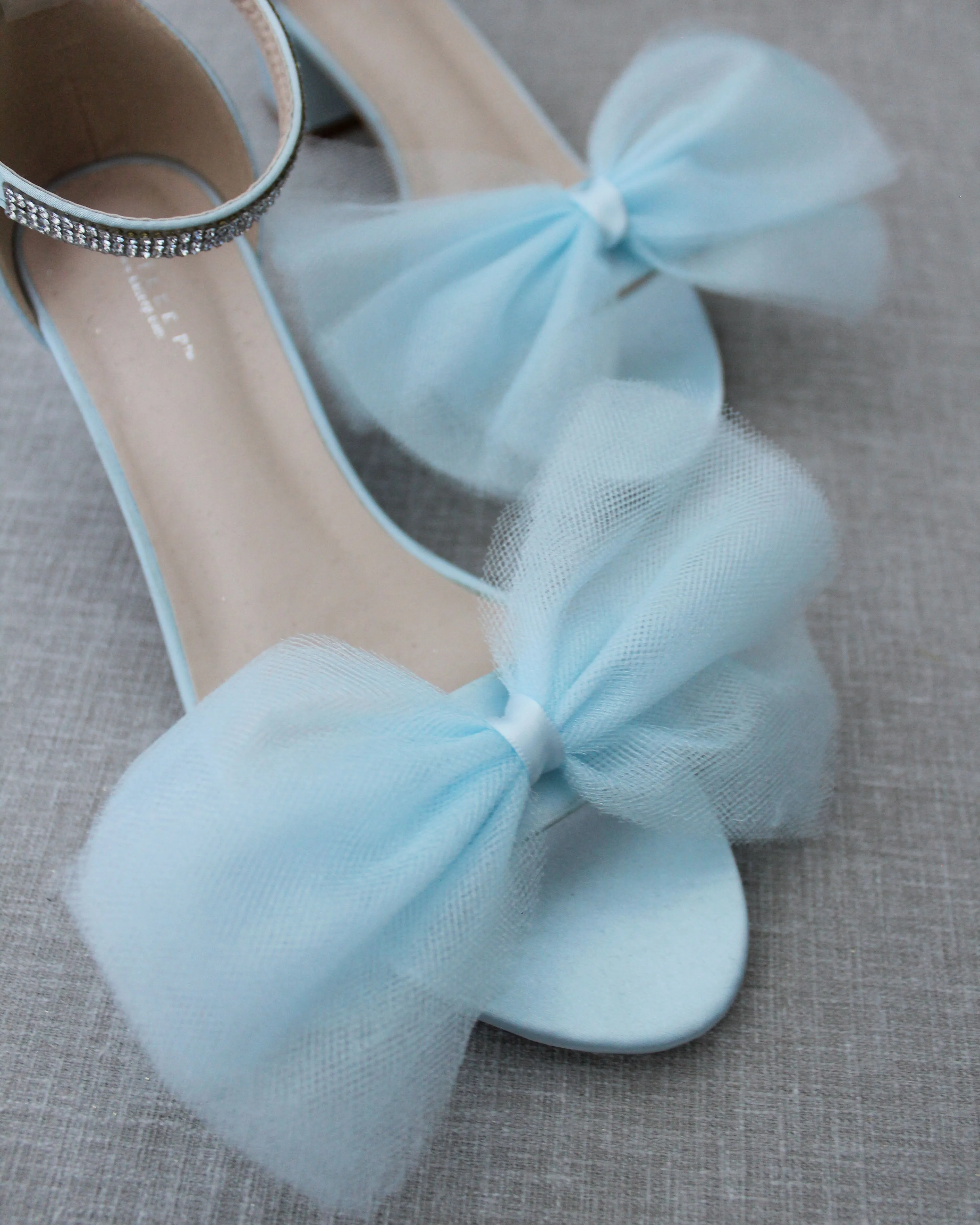 Satin Block Heel Sandal with Front Oversized Tulle Bow