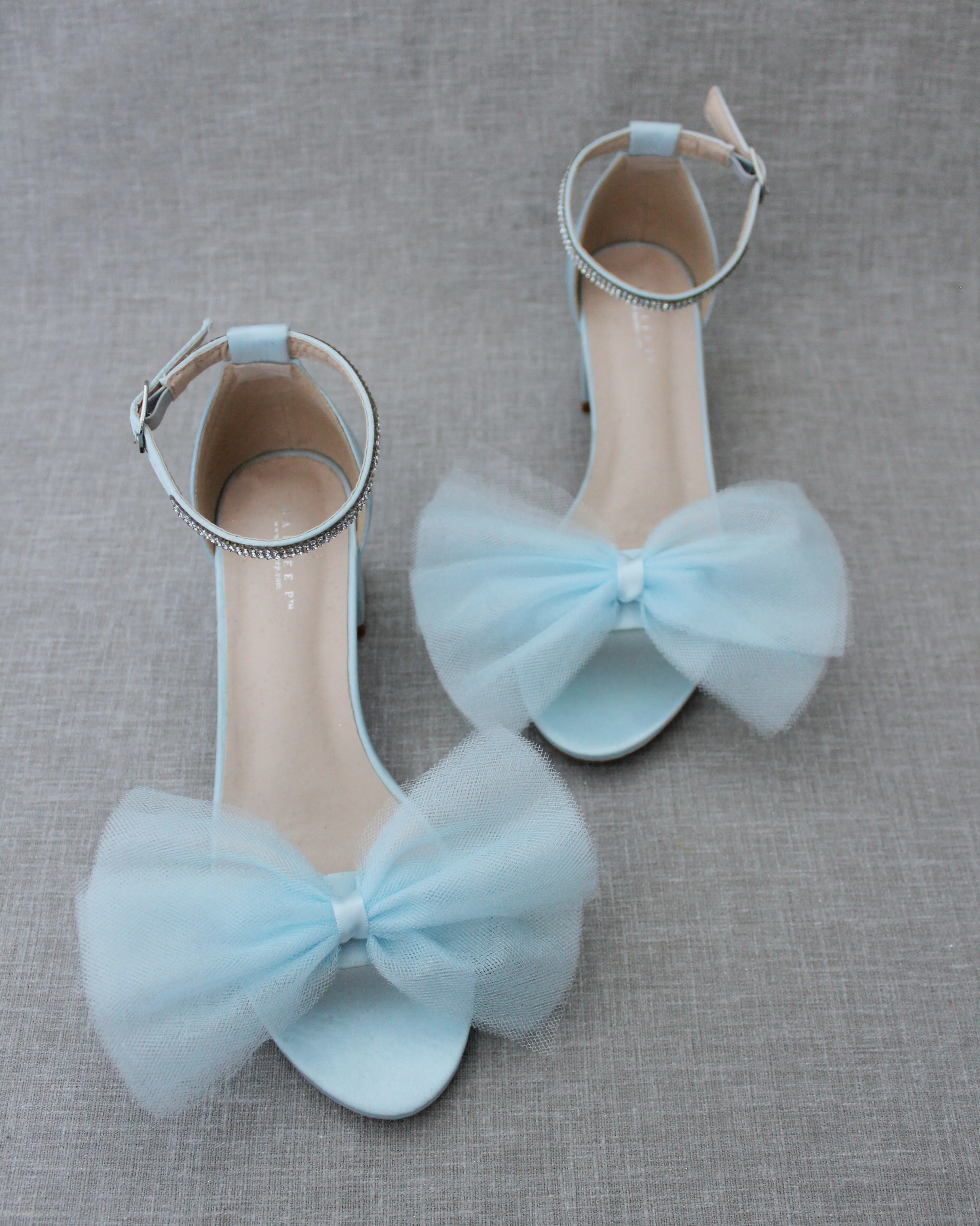 Satin Block Heel Sandal with Front Oversized Tulle Bow
