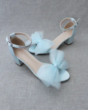 Satin Block Heel Sandal with Front Oversized Tulle Bow