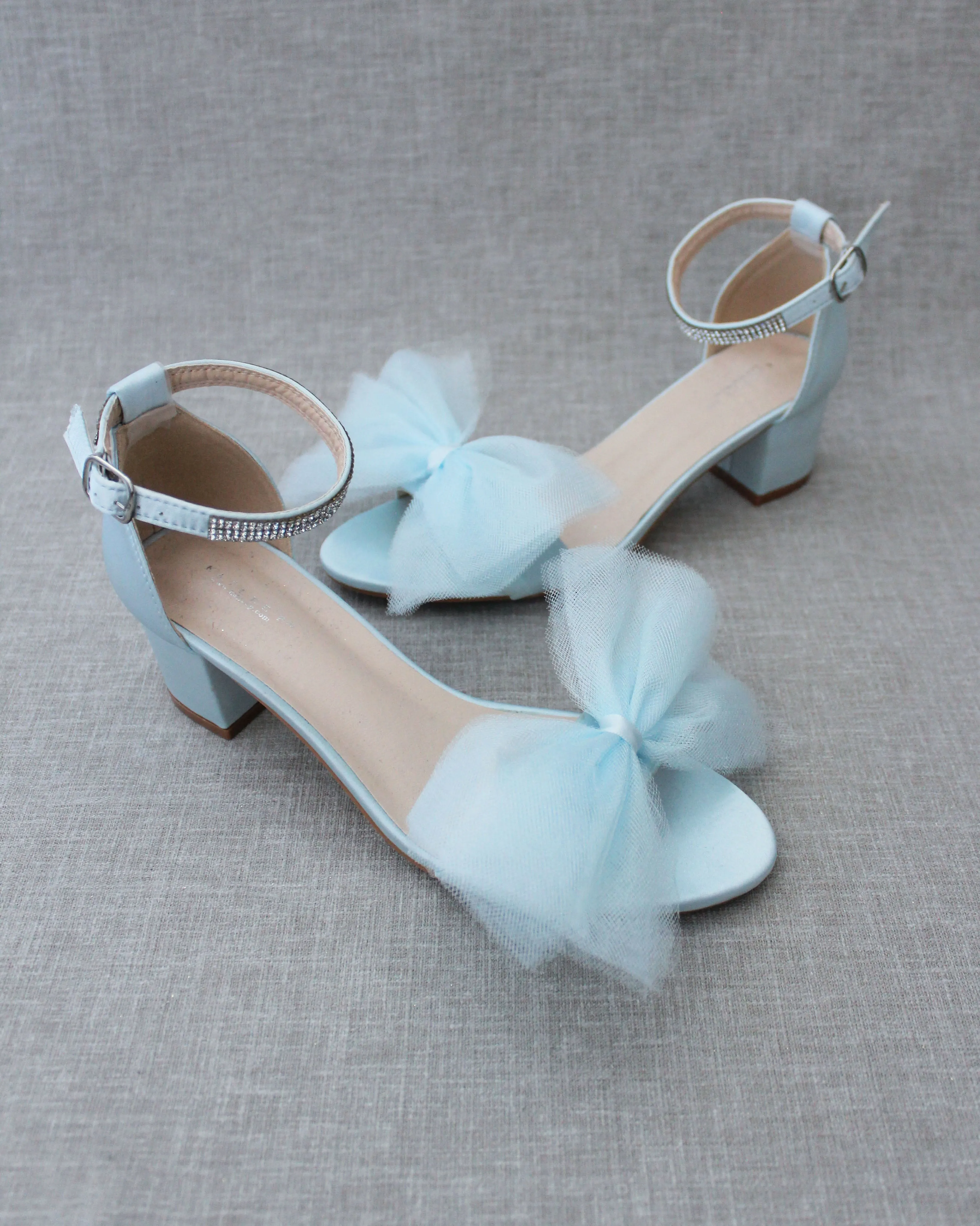 Satin Block Heel Sandal with Front Oversized Tulle Bow