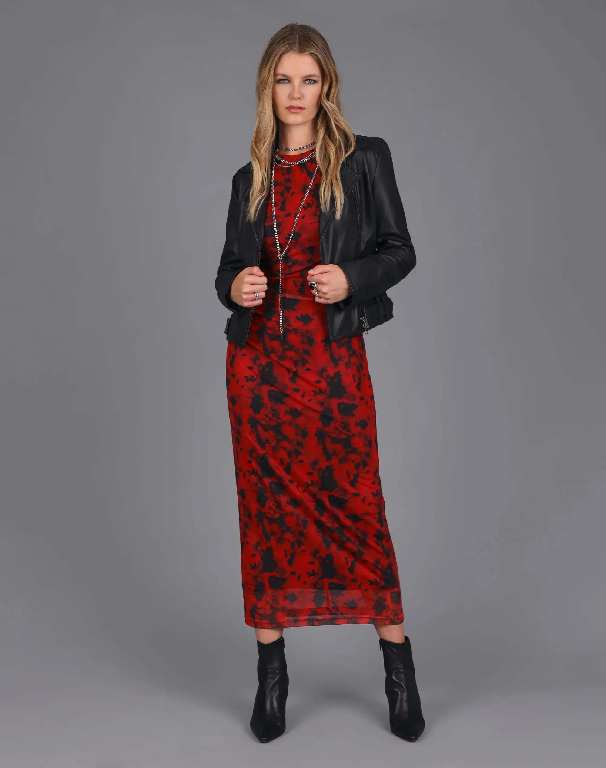 STORM SHADOW MESH KNIT DRESS RED PRINT