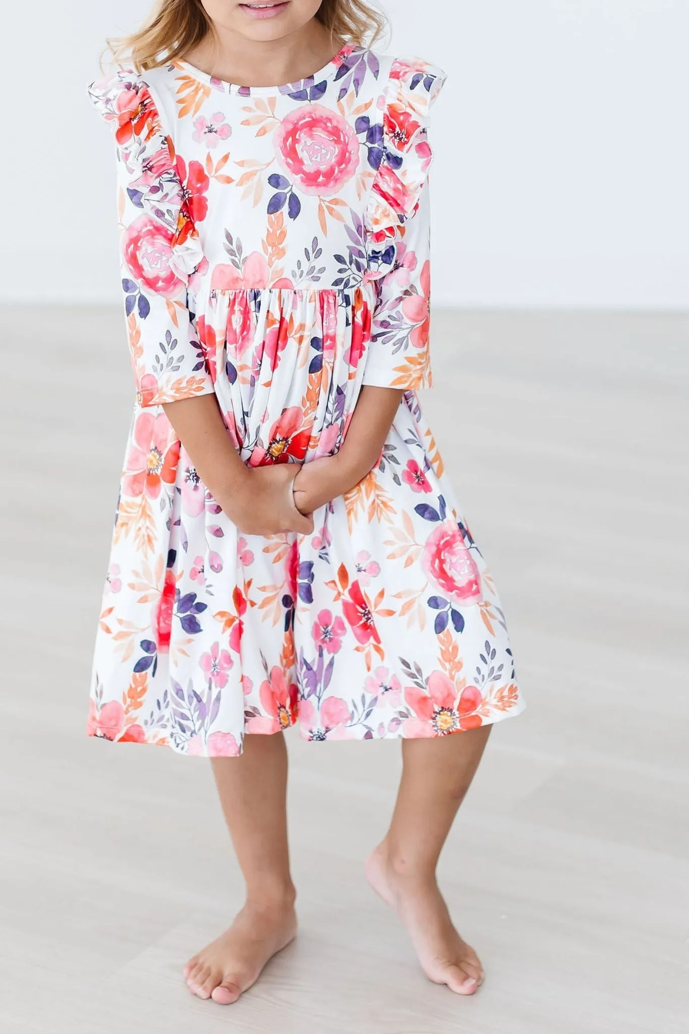 TANGERINE LEAVES RUFFLE TWIRL DRESS
