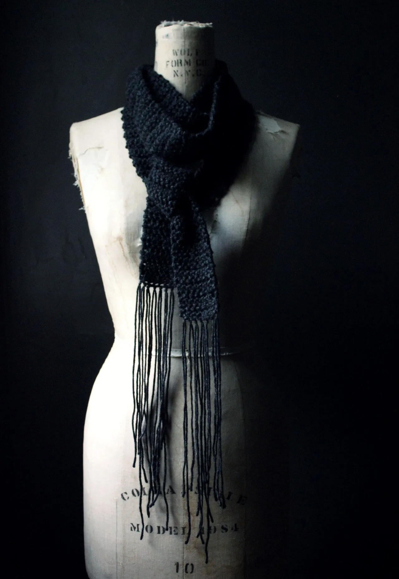 The Blacksmith's Cottage. Storyteller Series. Hand Crocheted Skinny Rustic Fringe Scarf.