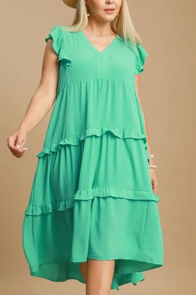 Umgee Full Size Ruffle Tiered Cap Sleeve Midi Dress Plus Size