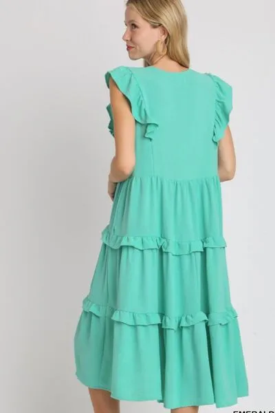 Umgee Full Size Ruffle Tiered Cap Sleeve Midi Dress Plus Size