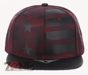 USA FLAG STAR FAUX LEATHER VISOR FLAT BILL BASEBALL CAP HAT CAMOUFLAGE BURGUNDY